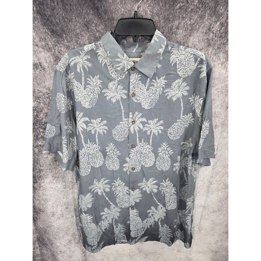 Campia Moda Hawaiian Shirt Mens Large Grey Pineapple Palm Tree Tropical Vacation